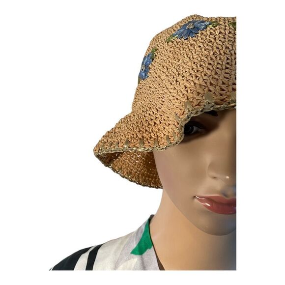 Women’s Beige Woven Paper Hat with Light Blue Flowers One Size Fits Most 12x8in - Picture 14 of 16